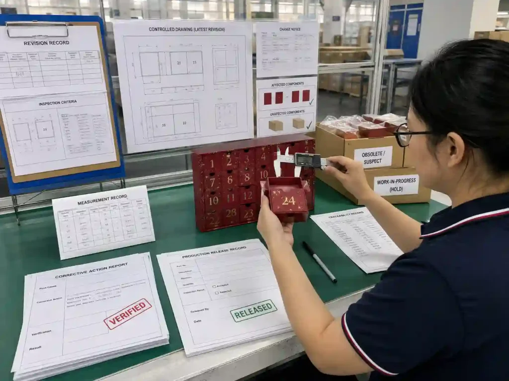 Quality staff checking revised advent calendar components, measurements, traceability records, and production release documents.