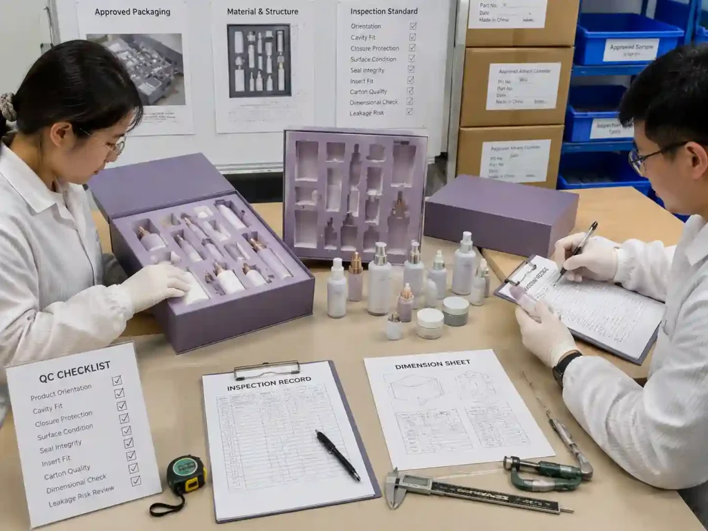 QC inspectors verifying skincare advent calendar packaging fit, records, and leakage risk controls