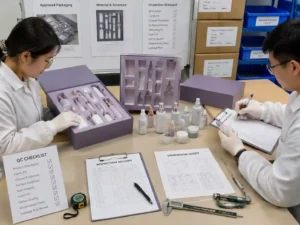QC inspectors verifying skincare advent calendar packaging fit, records, and leakage risk controls