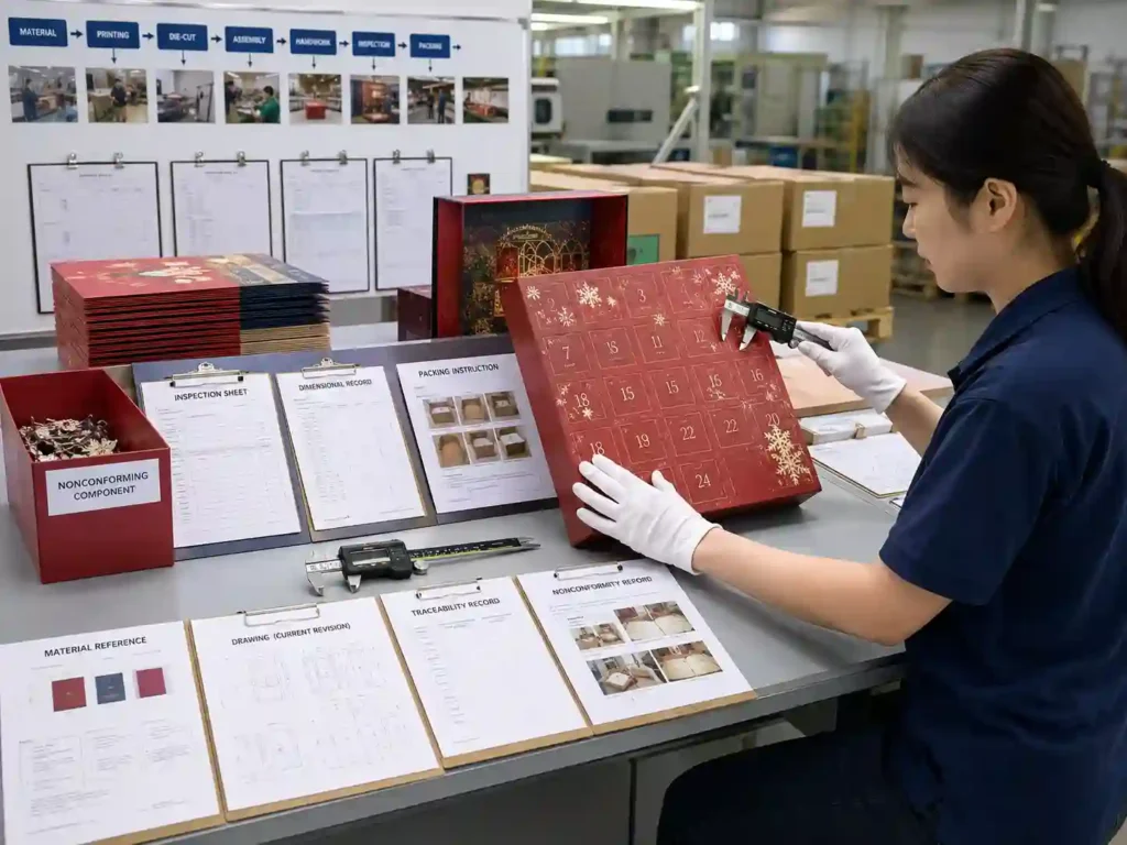 QC staff verifying advent calendar manufacturing records, measurements, corrective actions, traceability and final packing before release.