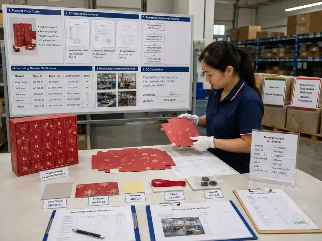 QC staff verifying material records, specifications and traceability against advent calendar certificate evidence.