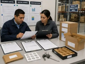 QC staff verifying packaging material change records and approved structural samples
