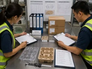 Quality control team verifying molded pulp and PET insert documentation and approved packaging samples