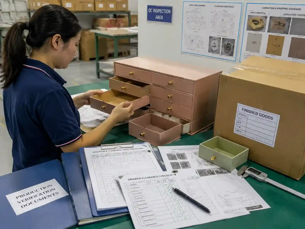 QC staff verifying drawer clearance inspection records and finished advent calendar packaging samples