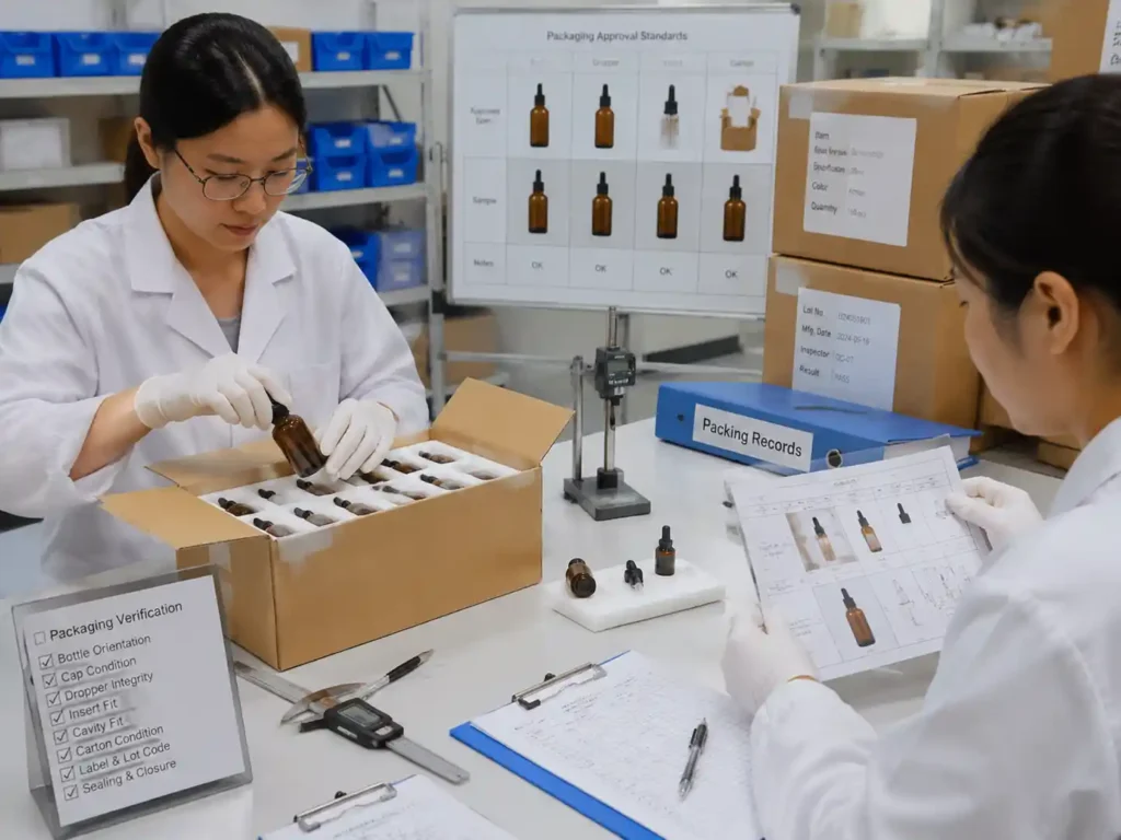 QC inspection of glass serum bottle packing records, measurements and dropper protection checks