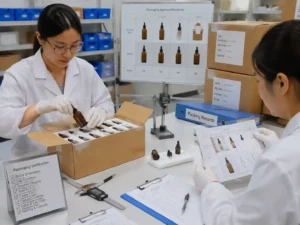 QC inspection of glass serum bottle packing records, measurements and dropper protection checks