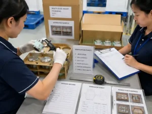QC inspectors verifying heavy lid skincare jar packaging with insert measurements and packing records