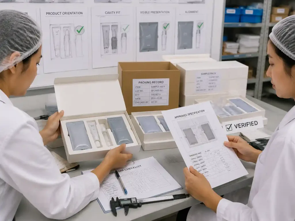 Quality inspectors verifying sachet sample compartment packing with inspection records and measurement checks.