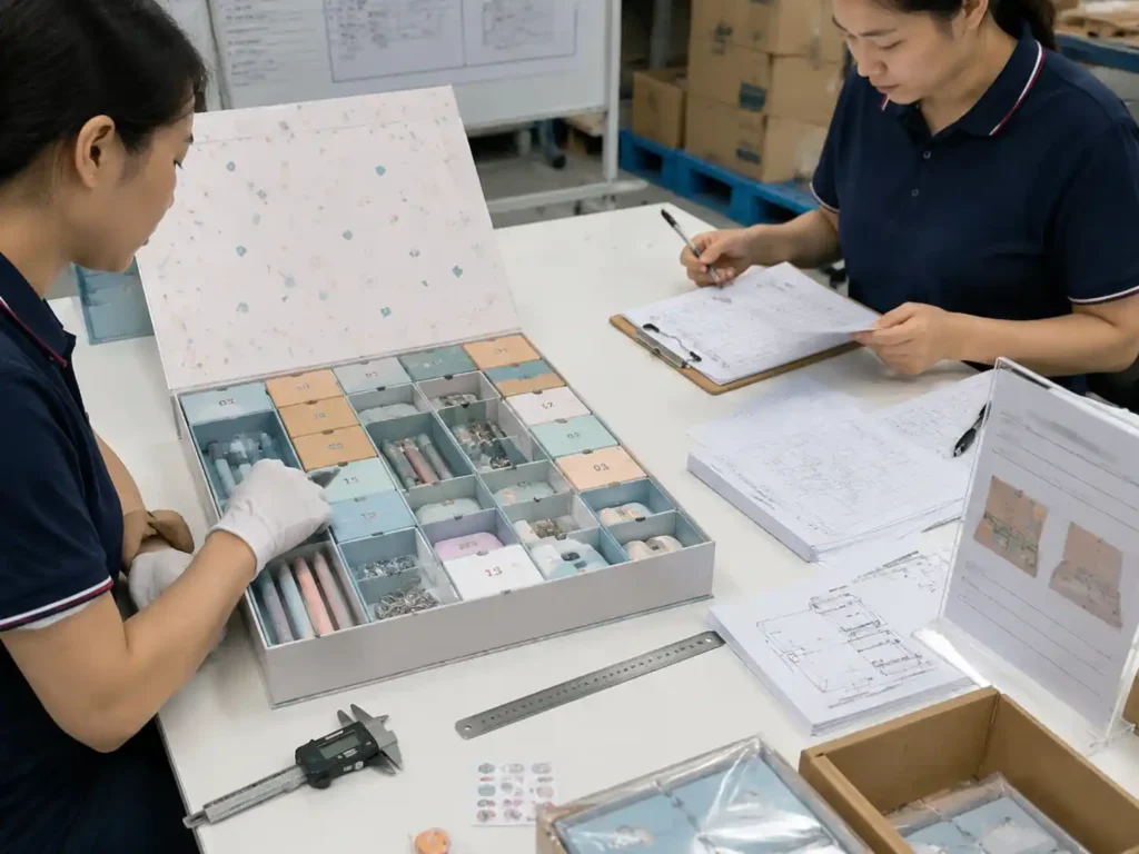 QC inspection of stationery advent calendar compartments with packing records and measurements