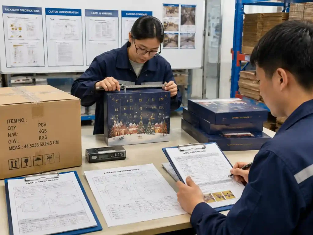 Quality inspection team verifying advent calendar packaging records, measurements, and approval documents.