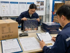 Quality inspection team verifying advent calendar packaging records, measurements, and approval documents.