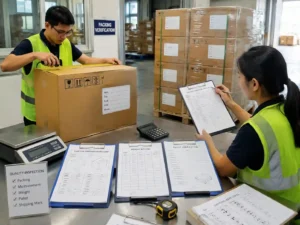 QC staff verifying freight packing records, carton measurements, and shipment documentation