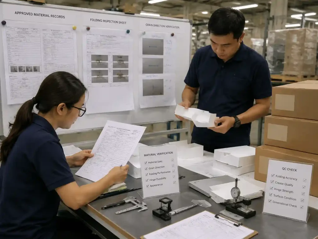 Quality control staff verifying paper grain direction records and folding inspection results for packaging production