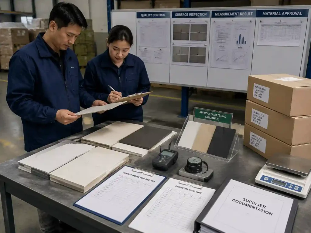 QC staff verifying paper surface quality and scuff resistance records for packaging production