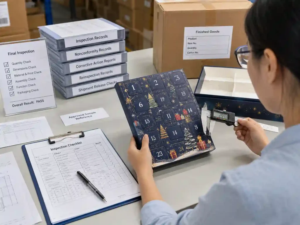 Quality staff reviewing inspection and corrective-action evidence before final packaging payment and shipment release.