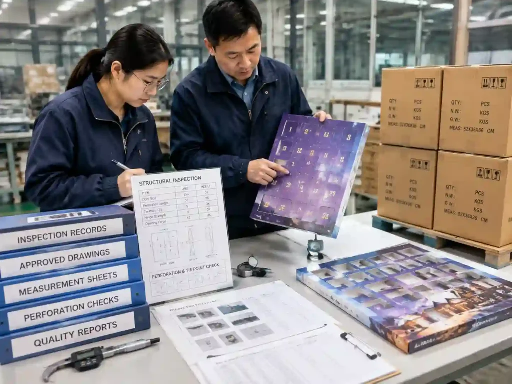 Quality control inspection of advent calendar perforation and tie point verification records