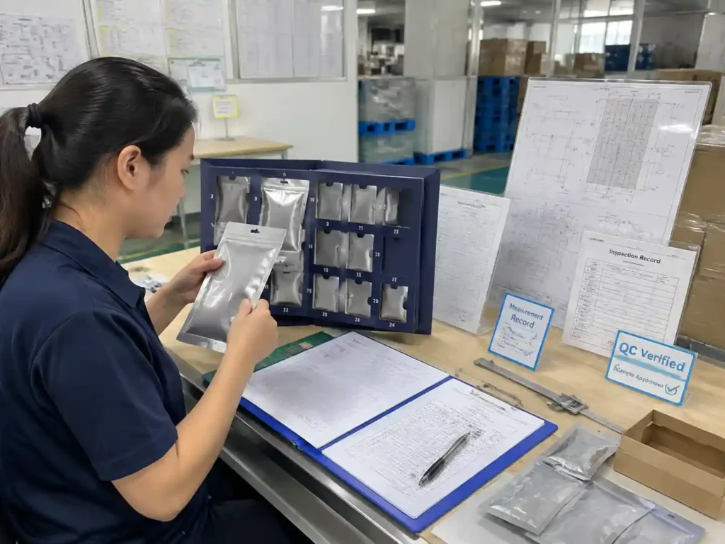 QC staff verifying flexible packaging compartment measurements and approval records.