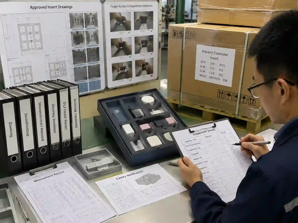 QC inspection of finger access compartment design records and validated advent calendar inserts