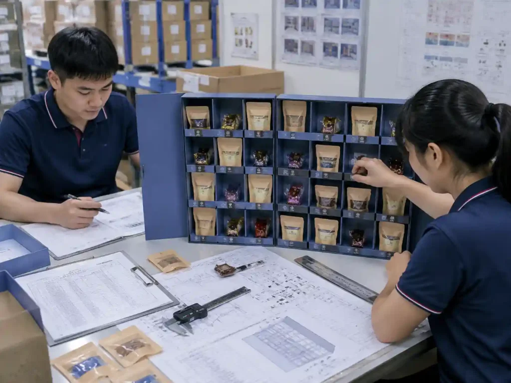 QC inspection of pet treat advent calendar packaging with measurements and approval records