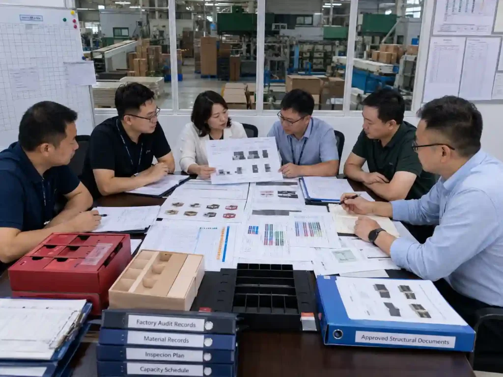 Packaging buyers and inspectors reviewing a third-party inspection plan for multi-component advent calendar boxes.