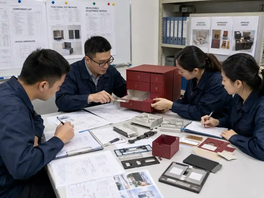 Packaging engineers defining measurable third-party inspection checks for a multi-component advent calendar box.