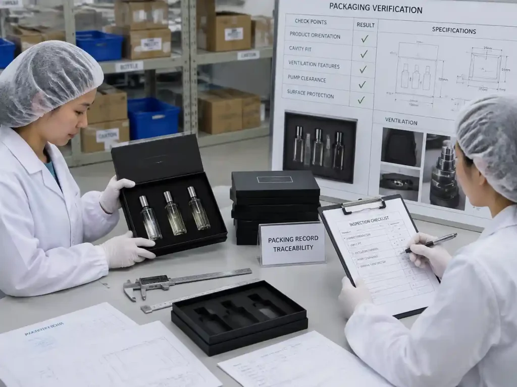 QC staff verifying fragrance gift set packaging ventilation and odor separation records with inspection documents