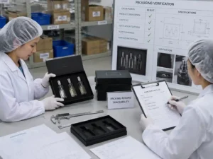 QC staff verifying fragrance gift set packaging ventilation and odor separation records with inspection documents
