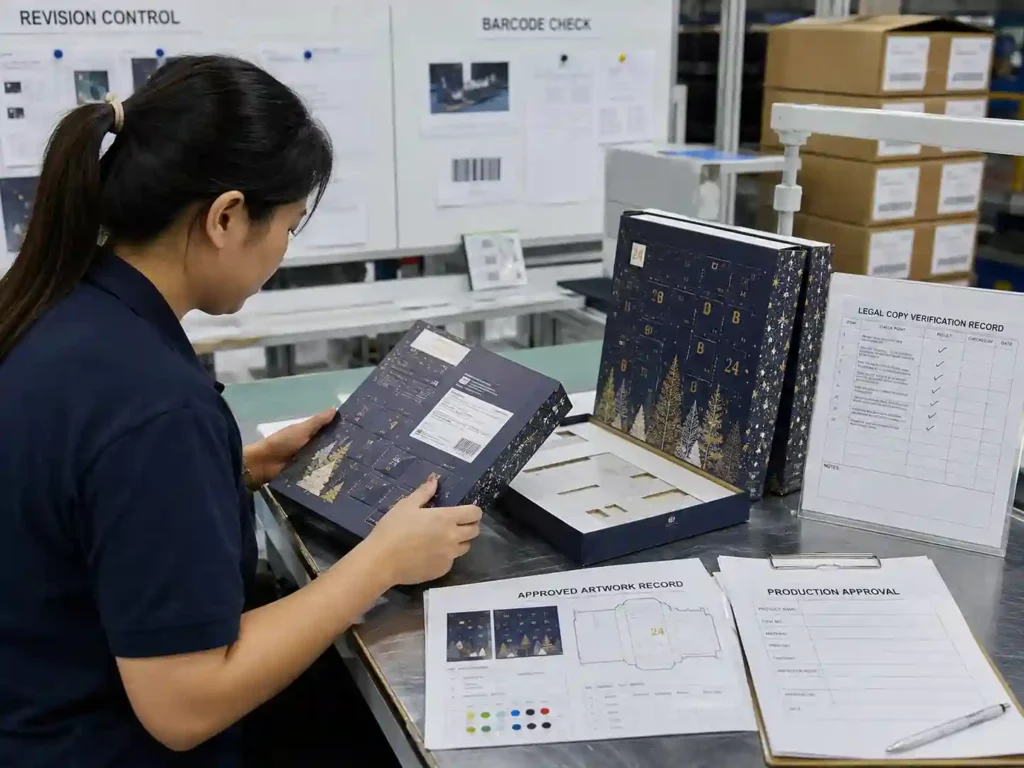 Quality control team verifying legal copy placement and approval records before advent calendar production.