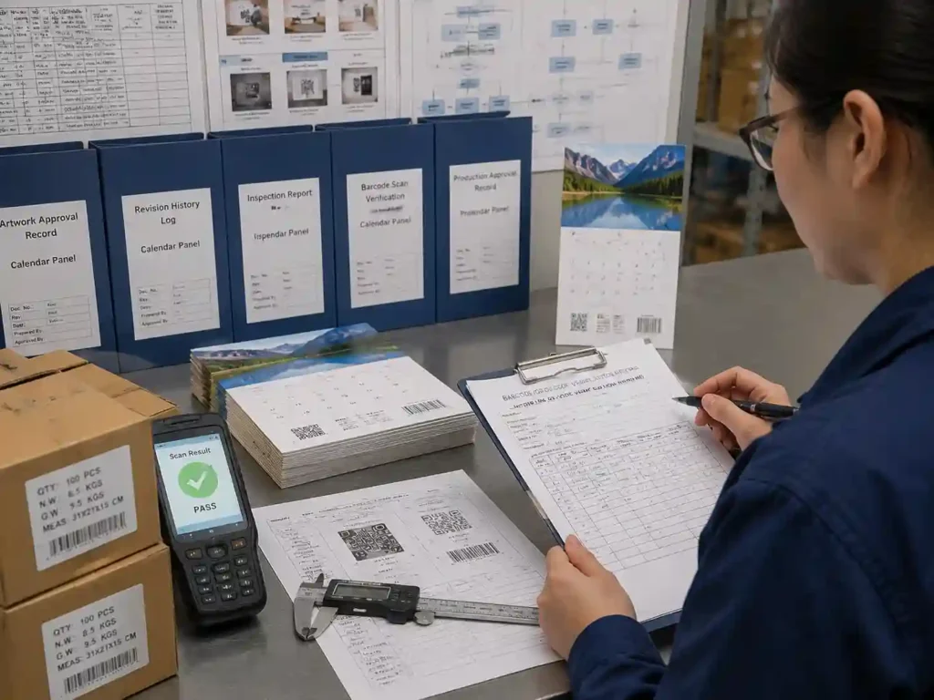 Quality control staff verifying barcode and QR code approval records for small calendar panel packaging.