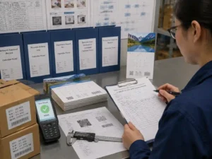 Quality control staff verifying barcode and QR code approval records for small calendar panel packaging.