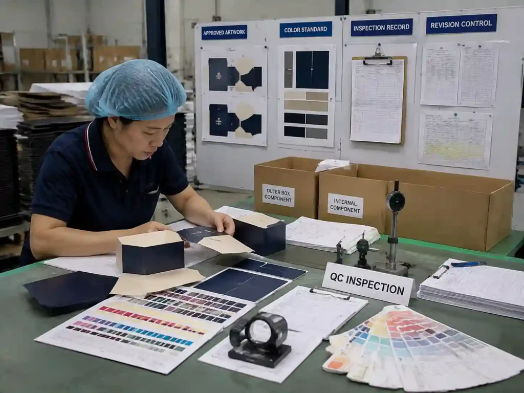 Quality control staff verifying approved color records and inspection samples for packaging components.