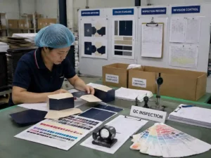 Quality control staff verifying approved color records and inspection samples for packaging components.