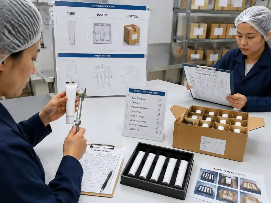 QC staff inspecting cosmetic tube packaging fit and documentation for shallow calendars