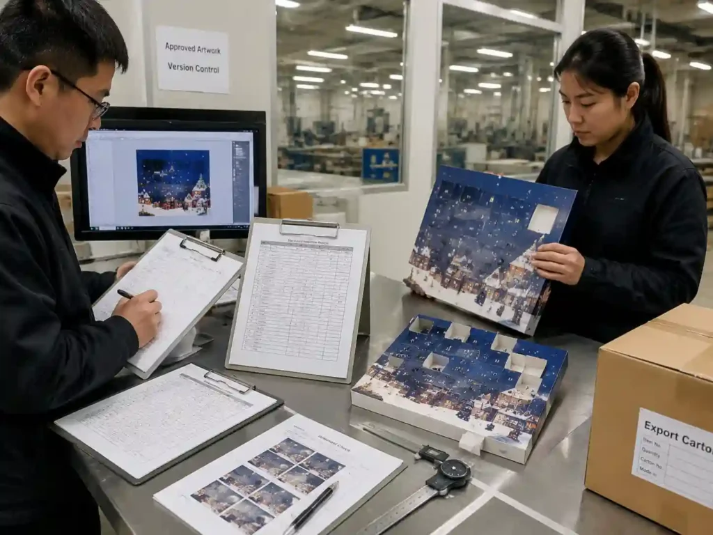 QC staff checking approved artwork records and door graphic alignment on finished advent calendar samples.
