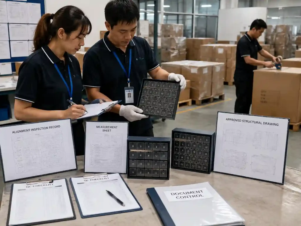 Quality control inspection of 24-drawer advent calendar alignment records and finished packaging samples.
