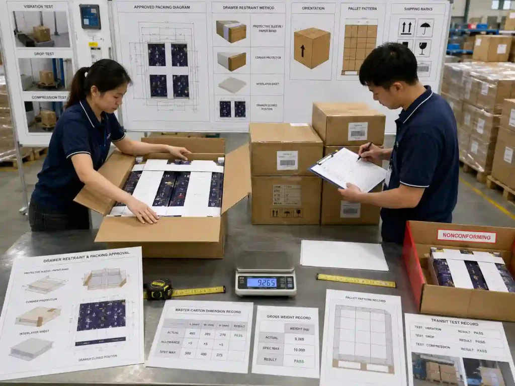QC staff verifying drawer restraint, carton measurements, packing records, and pallet plans before advent calendar shipment.