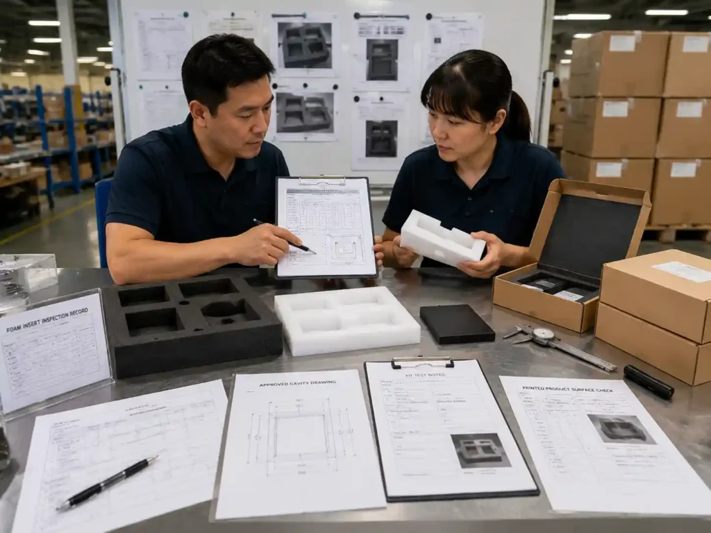 QC team verifying foam inserts and inspection records for printed product protection