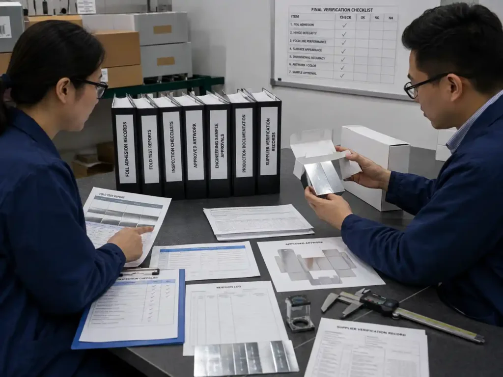 Quality control team verifying foil adhesion and fold durability before production approval.