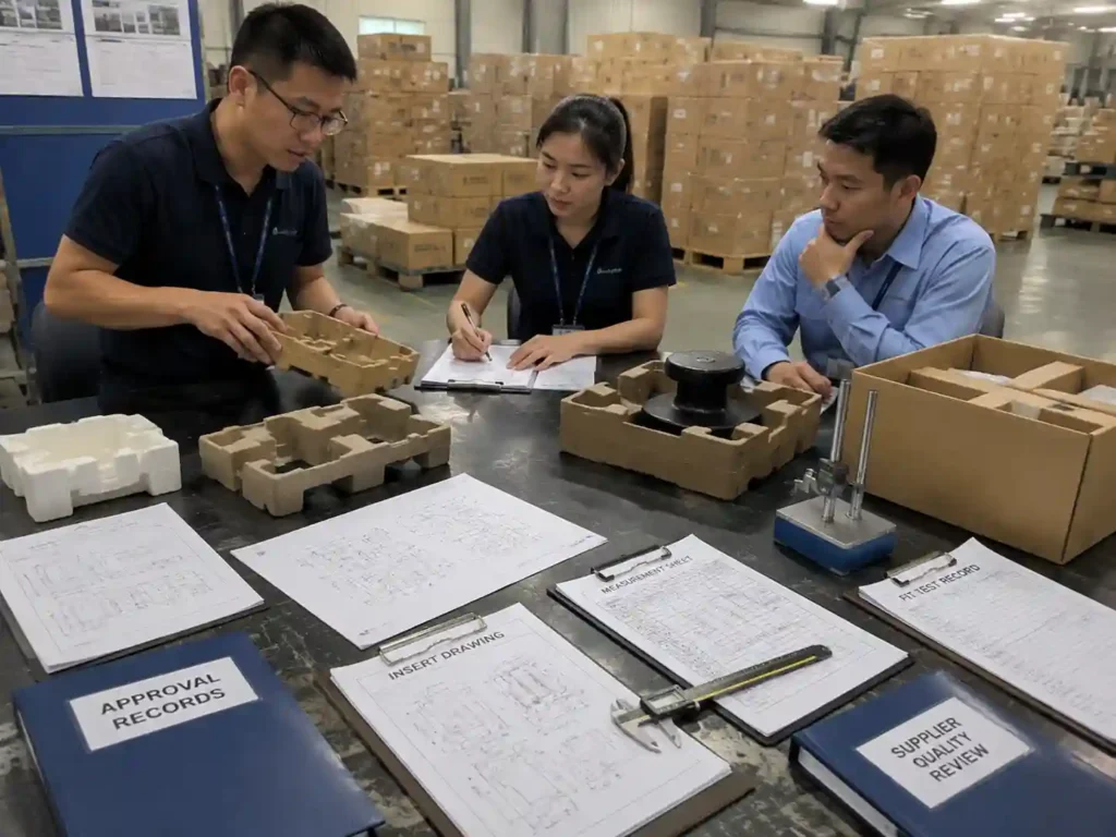 QC inspection of heavy product inserts with measurement records and approval documents