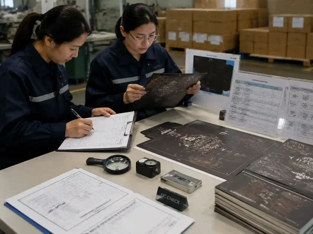 QC inspection records and approved lamination samples for dark artwork packaging
