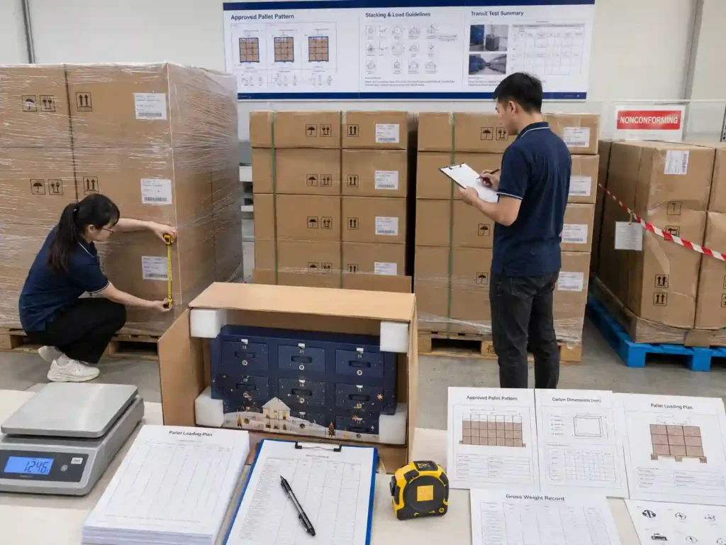 QC staff verify pallet patterns, carton dimensions and lower-layer compression before shipping large advent calendar boxes.