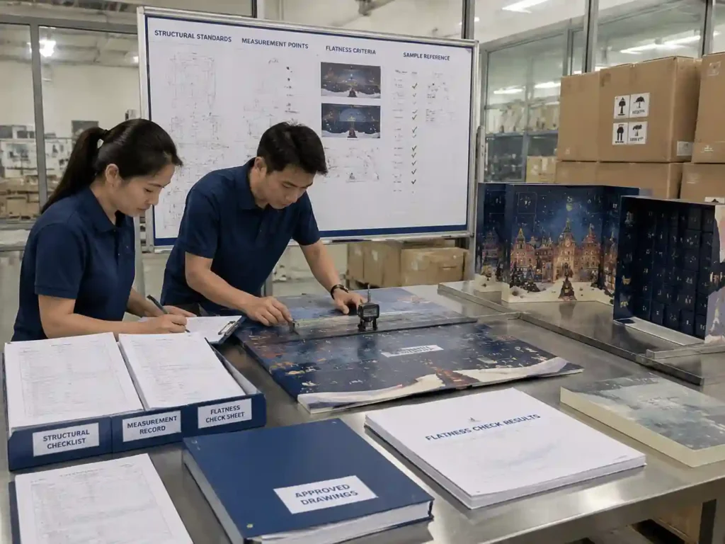 Quality control staff verifying large advent calendar panel flatness with inspection records and samples