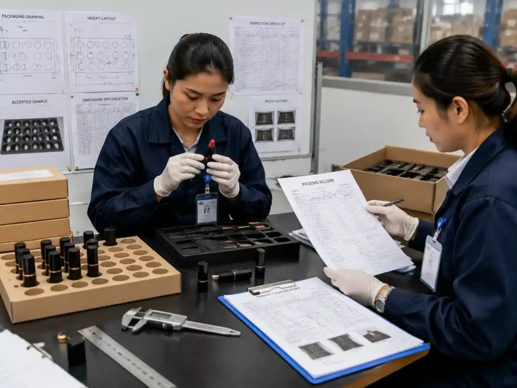 QC staff verifying lipstick packaging fit with inspection records and measurements.