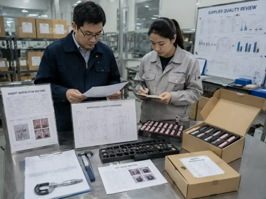 Quality control staff verifying lipstick insert dimensions, fit records, and production samples.