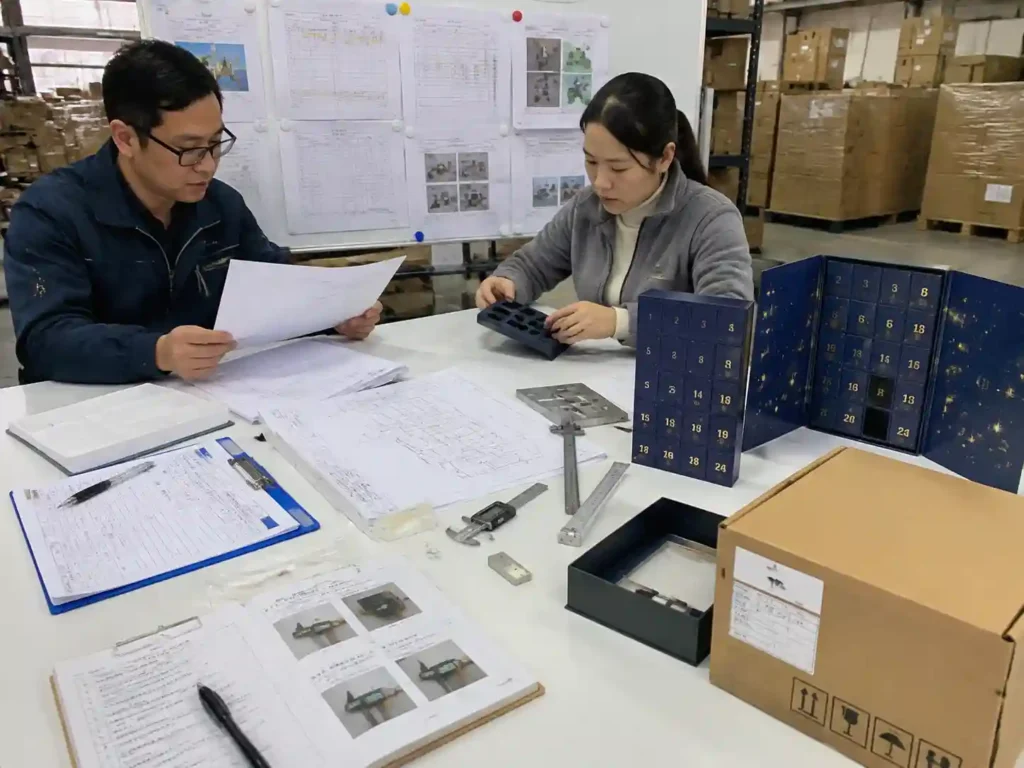 QC staff verifying advent calendar magnet placement records, measurements, and final structural inspection.