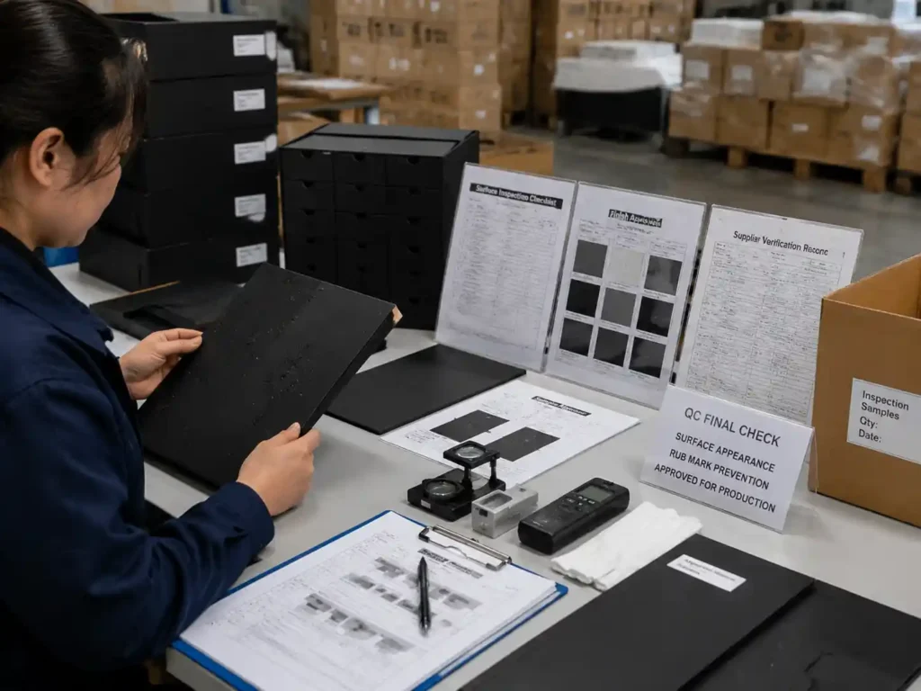 Quality control inspection of matte black packaging samples with surface checks, approval records, and supplier verification documents.
