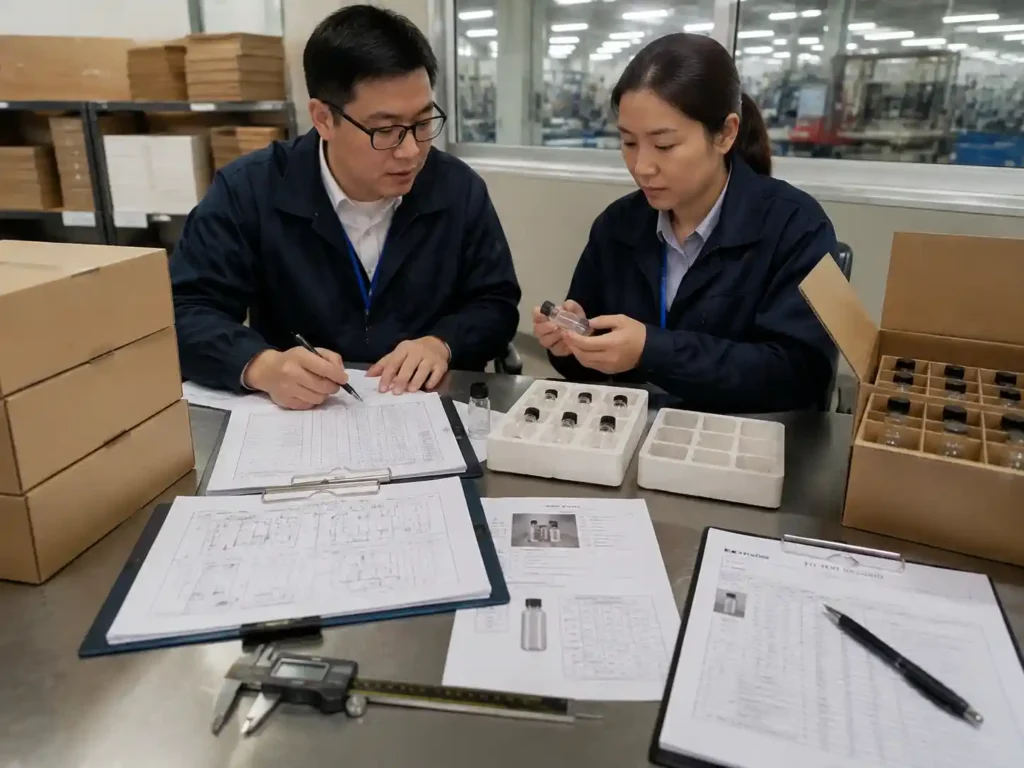 QC inspection of mini bottle paper inserts with measurement records and fit verification documents