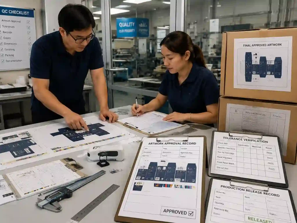 QC team verifying approved numbered door artwork records and production inspection documents.