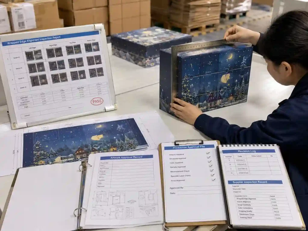 Quality control verification of wrapped box edge pattern alignment before production release.