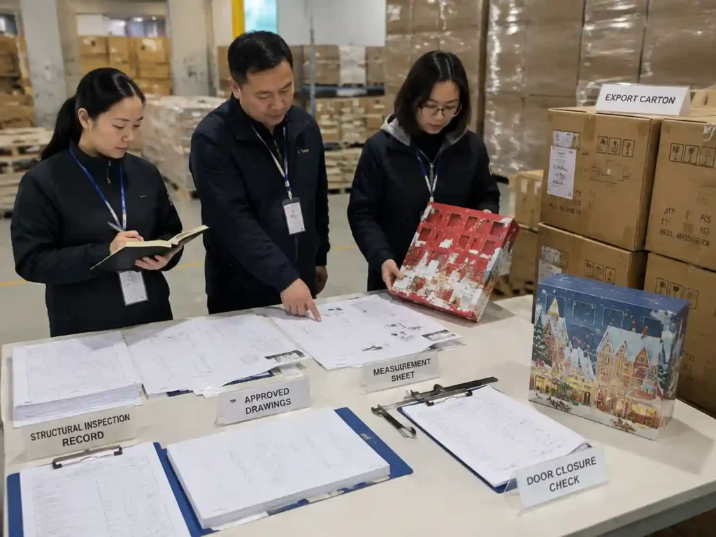 QC staff reviewing perforated advent calendar door inspection records and transport security verification documents.